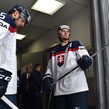 ST. PETERSBURG, RUSSIA - MAY 8: Slovakia's Ivan Svarny #15 and Michal Sersen #8 prepare to take to the ice during preliminary round action at the 2016 IIHF Ice Hockey Championship. (Photo by Minas Panagiotakis/HHOF-IIHF Images)

